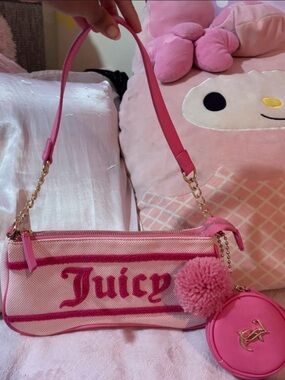 Juicy Couture Pink Canvas Logo Shoulder Bag with Pom Charm